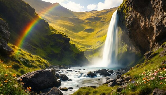Majestic Waterfall Landscape with Rainbow and Green Hills