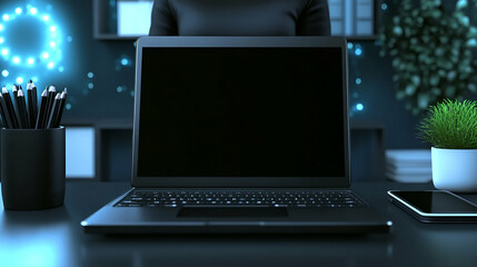 Night Workspace, Laptop, Pencils, and Phone on Desk, Reflecting Ambient Light