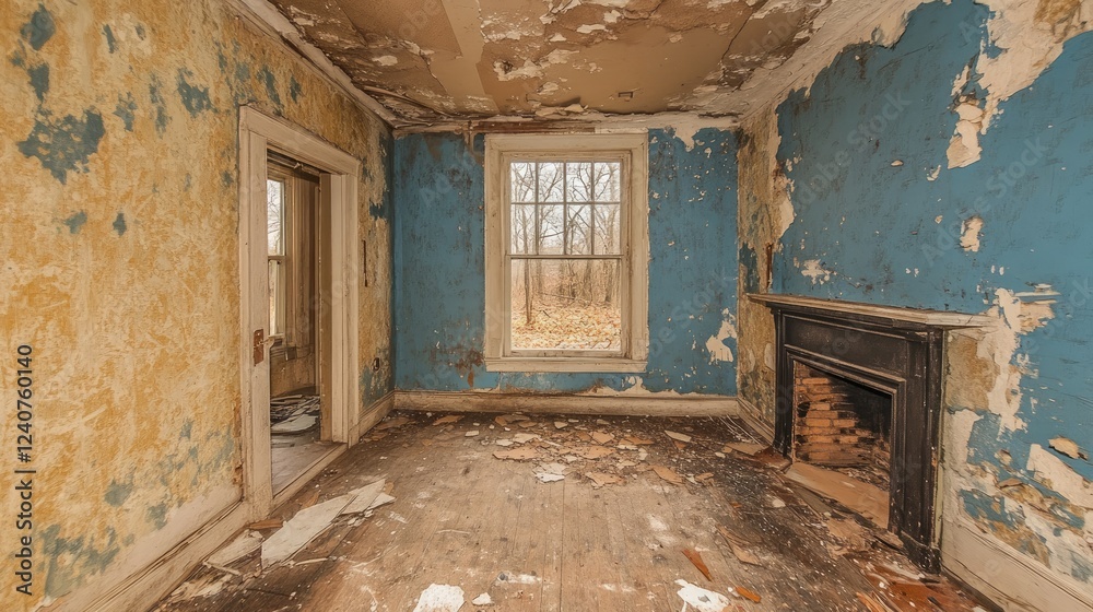 Poster a hauntingly dilapidated room with cracked walls and a faded appearance, creating a somber and negle