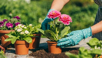  A woman planting flowers in a beautiful home garden, fresh green plants around, gardening to.