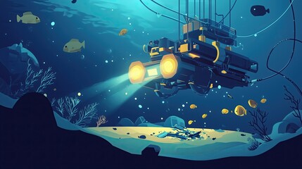 Obraz premium Flat illustration ROV submarine inspecting damaged undersea internet cable, repair operation in progress