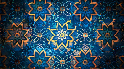 Intricate floral pattern design in vibrant blue and gold tones with a symmetrical layout
