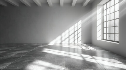 Sunlit Modern Room Gray and White Interior, Minimalist Studio Space with Clean Design.