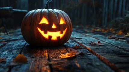 Glowing Jack-o'-lantern on autumn woods deck (1)