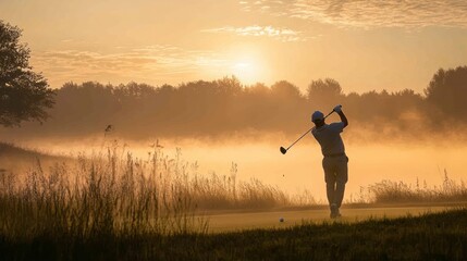Golfer sunrise swing misty course morning