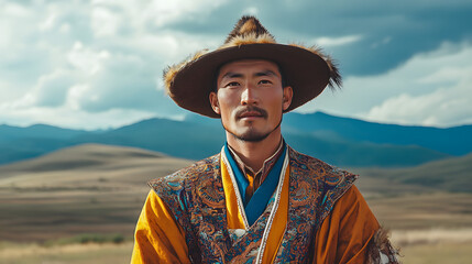 A man wearing a traditional Mongolian deel, showcasing the pride of Mongolian heritage and nomadic culture.