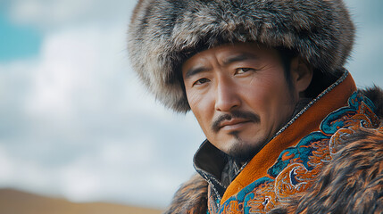 A man wearing a traditional Mongolian deel, showcasing the pride of Mongolian heritage and nomadic culture.