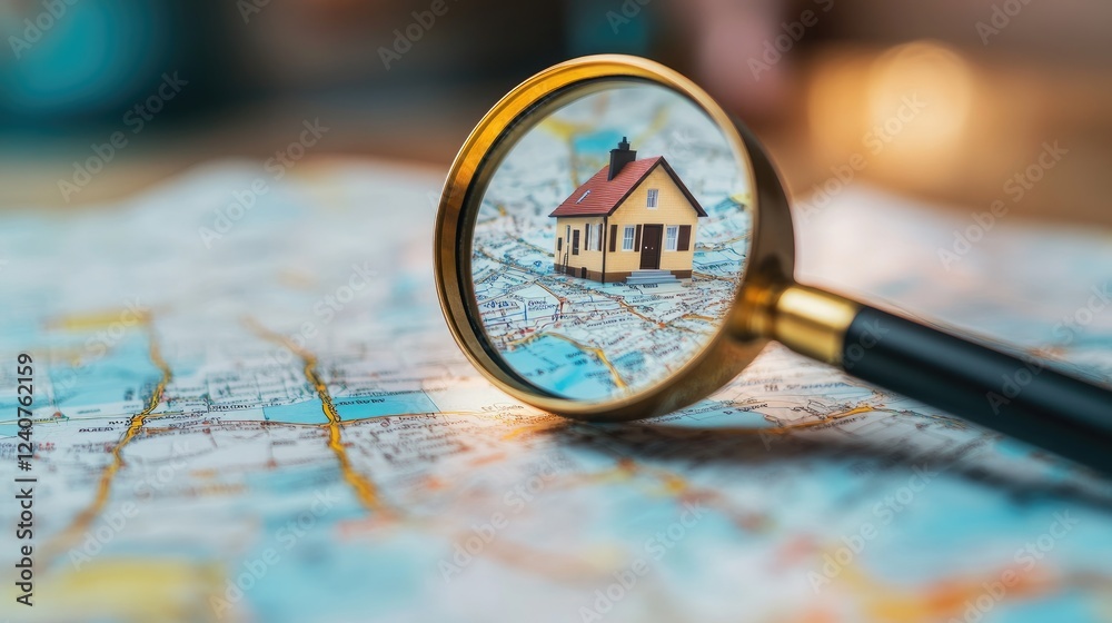 Poster a magnifying glass focused on a map, pinpointing a house, symbolizing the search for a new home and 