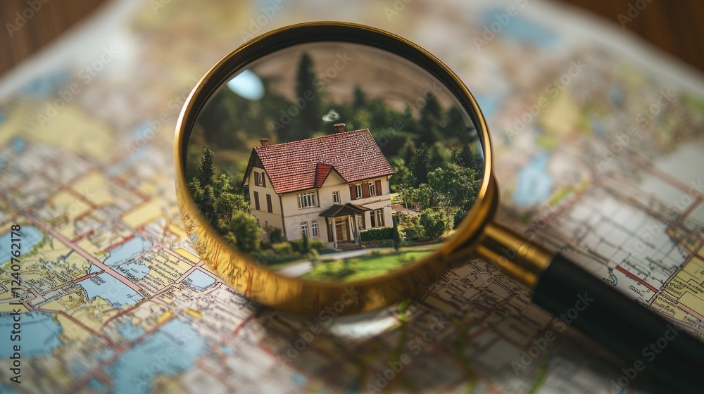 Poster a magnifying glass focused on a map, pinpointing a house, symbolizing the search for a new home and 