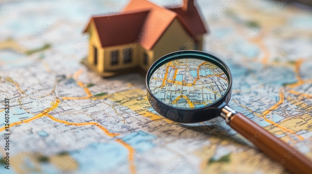 Poster a magnifying glass on a map, focused on a house, illustrating the journey of finding a perfect home 