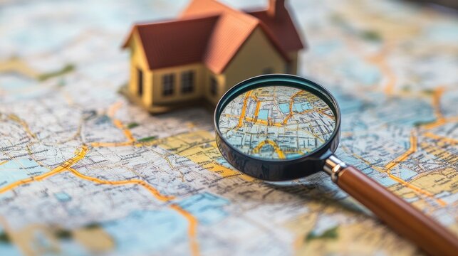 A magnifying glass on a map, focused on a house, illustrating the journey of finding a perfect home through detailed property searches.