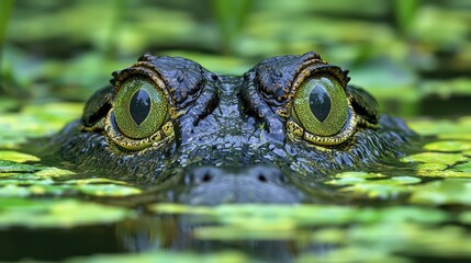 Fototapeta premium A close-up of a crocodile's eyes peering from the water, surrounded by lush green foliage, showcasing its keen gaze and camouflaged appearance.