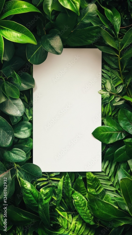 Poster Empty space surrounded by lush green leaves ideal for text or design insertion in a natural setting. Generative AI