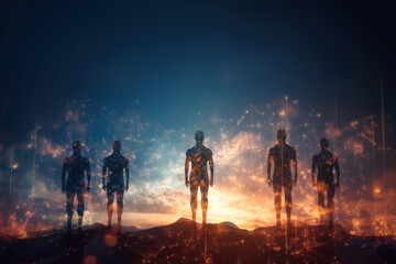 Fototapeta premium Figures stand silhouetted against a stunning sunset in a surreal landscape of light and shadows