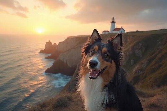 Happy Australian Shepherd dog at sunset near a coastal lighthouse
