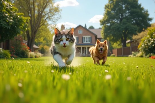 Cat and dog playing together on a green lawn in front of a suburban house
