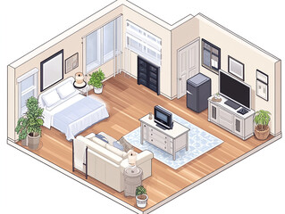 3D plan of an apartment, isometric view, black and white line drawing with low detail, white background, 2D flat design, vector illustration, modern interior design, cozy style, kitchen-living 