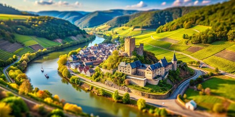 Fototapeta premium Aerial Tilt-Shift View: Burg Are Ruin, Ahr Valley, Vineyards, River