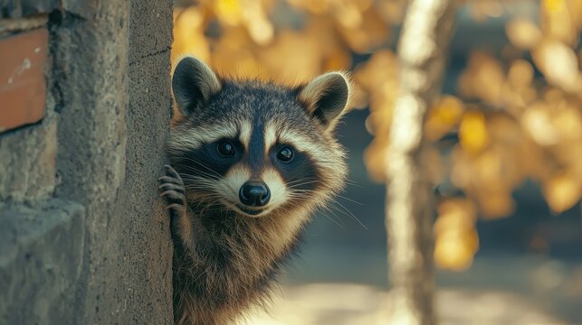 A curious raccoon peeks from behind a wall, surrounded by soft autumn colors, showcasing its playful and inquisitive nature.