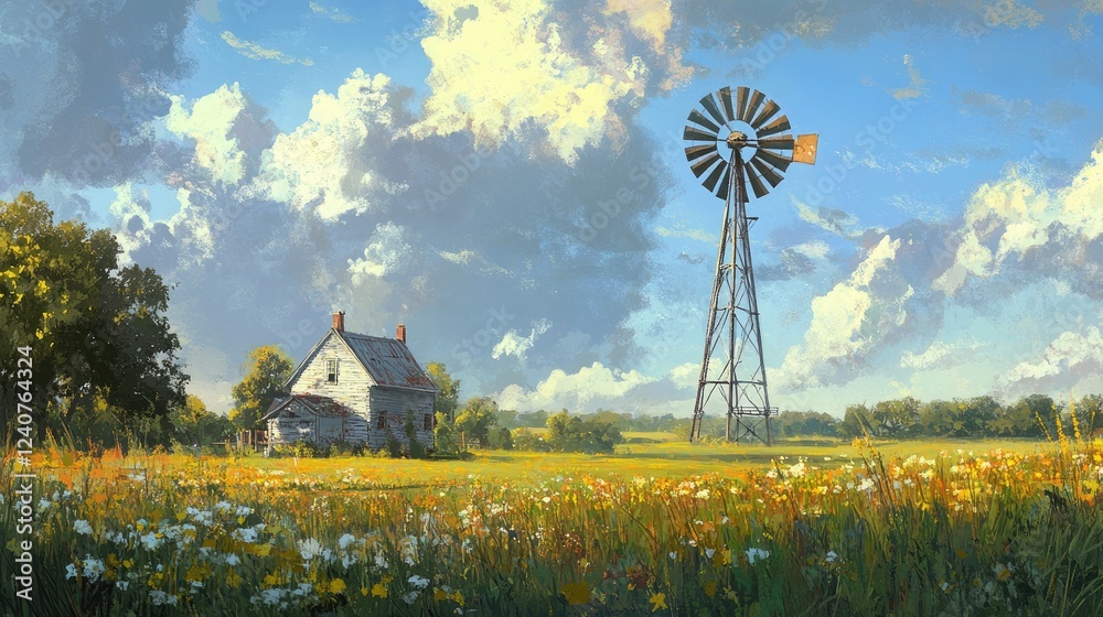 Poster a modern wind turbine stands tall above a classic windmill, highlighting their size contrast in the 