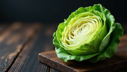 Fototapeta premium Intricate savoy cabbage detail, dark wood backdrop, background, savoy, rich color