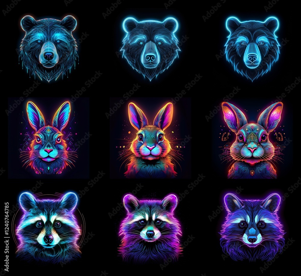 Aufkleber Nine vibrant animal portraits: bears and rabbits in neon color variations.  Each creature is depicted in three distinct color palettes, creating a visually striking collection.