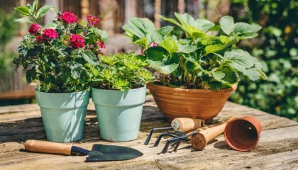  A wooden table with potted plants and gardening tools, rustic and cozy backyard setting