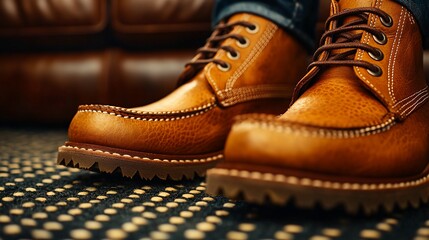 Man's leather boots on carpet, sofa background; footwear fashion