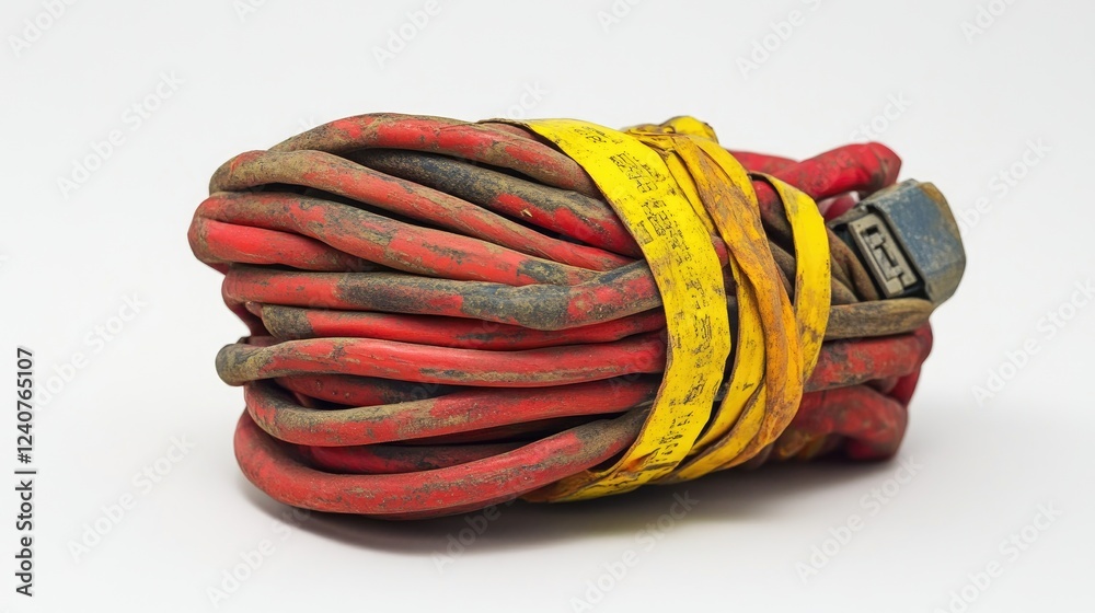 Poster a neat bundle of electrical wires, securely insulated with red and yellow electrical tape, ready for