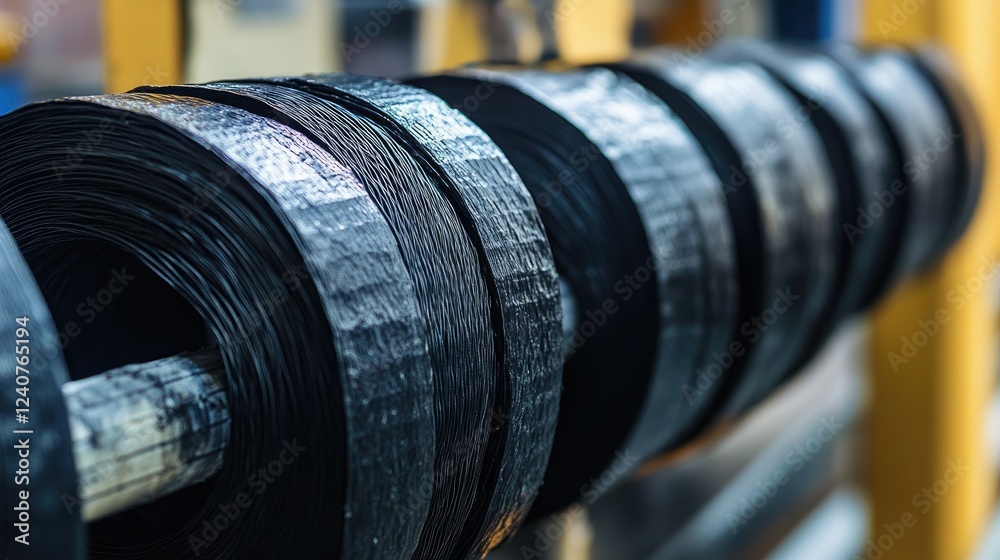 Poster a neat row of wire bundles covered with black electrical tape, running parallel along a cable condui