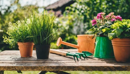 Fototapeta premium A wooden table with potted plants and gardening tools, rustic and cozy backyard setting