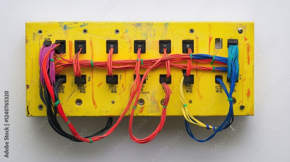 Poster a neatly organized junction box with wires insulated in electrical tape, demonstrating secure connec