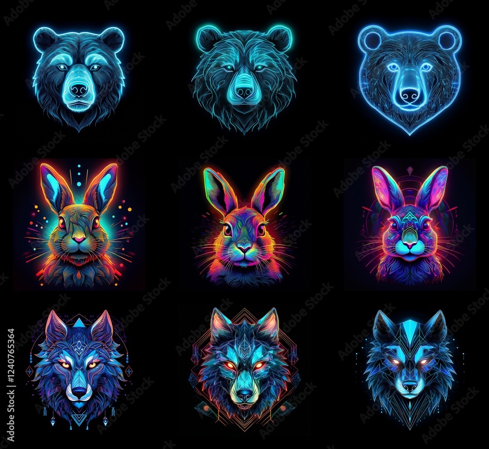 Poster nine vibrant animal portraits. bears and rabbits in neon, geometric styles. wolves shown with glowin