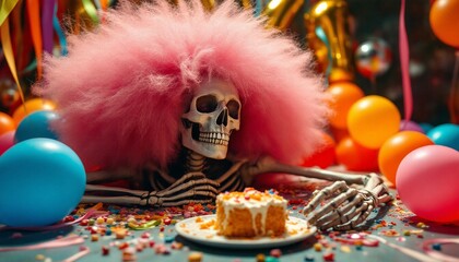 Skeleton with Pink Afro Enjoying Birthday Cake