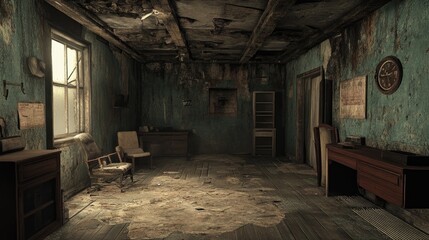 A neglected, dilapidated room with cracked walls, worn-out floors, and a sense of abandonment in the air.