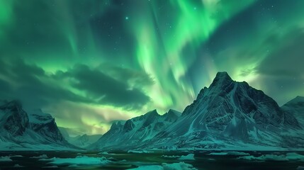 Naklejka premium A mesmerizing display of the Northern Lights dancing above a frozen landscape, with snow-capped mountains and a frozen lake in the foreground.