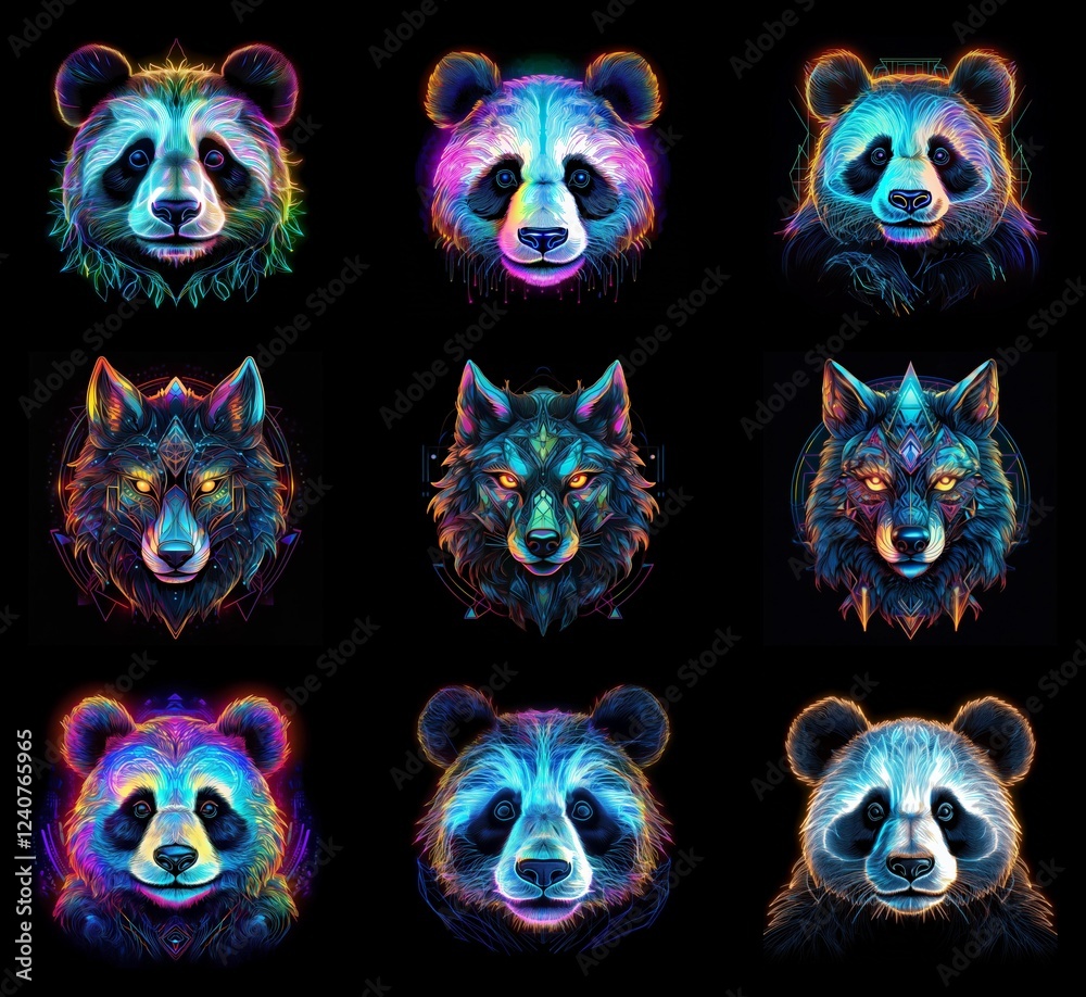 Aufkleber nine vibrant animal portraits: three pandas and three wolves, each depicted in a unique, neon-colore