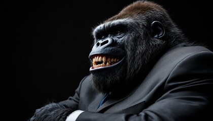 Gorilla in Suit Smiling Dark Background Stock Photo