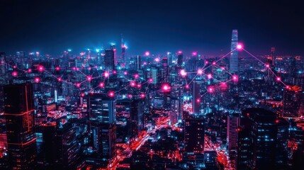 Fototapeta premium Night city skyline connected by digital lines