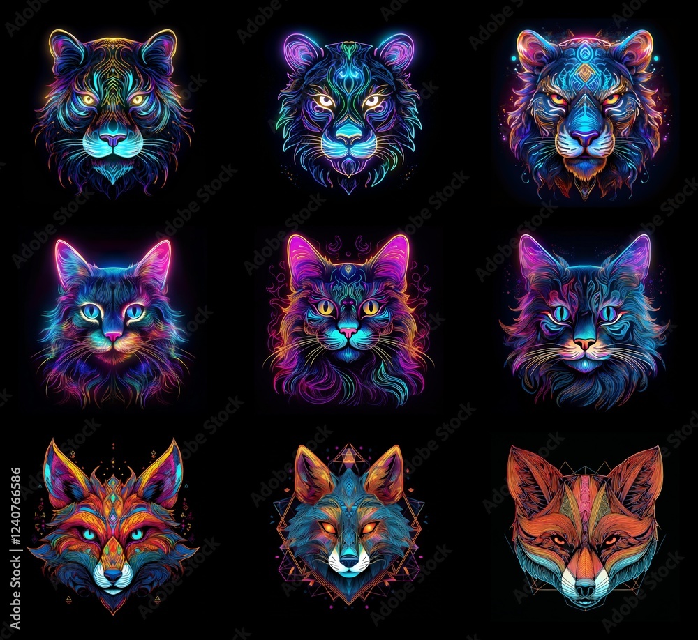 Poster nine vibrant, stylized heads of felines and canines. intricate designs in neon colors glow against a