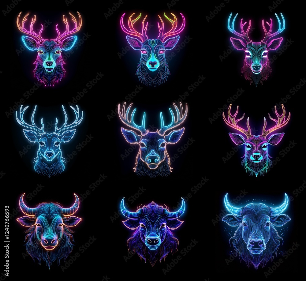 Poster nine vibrant neon animal portraits; three deer and three bulls, each in a unique color scheme agains