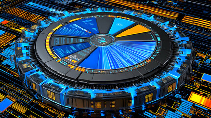 Futuristic Data Wheel, Analyzing Global Trends with Advanced Technology.  System processes information rapidly and efficiently.