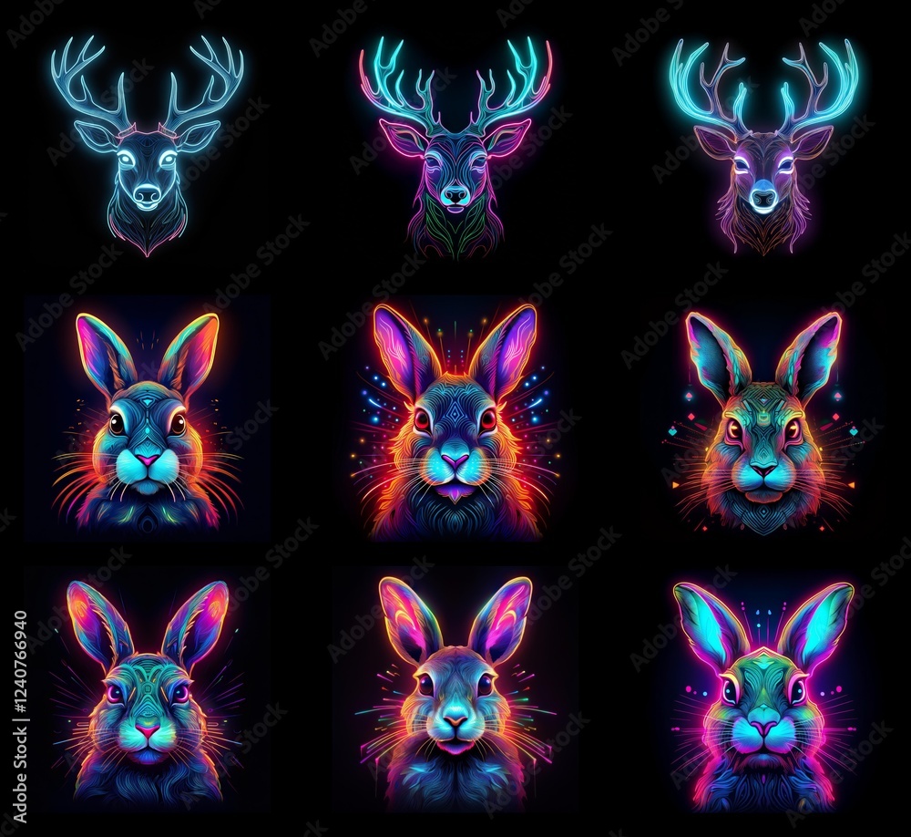 Poster neon-colored deer and rabbit heads, rendered in vibrant, glowing lines against a dark background. a 