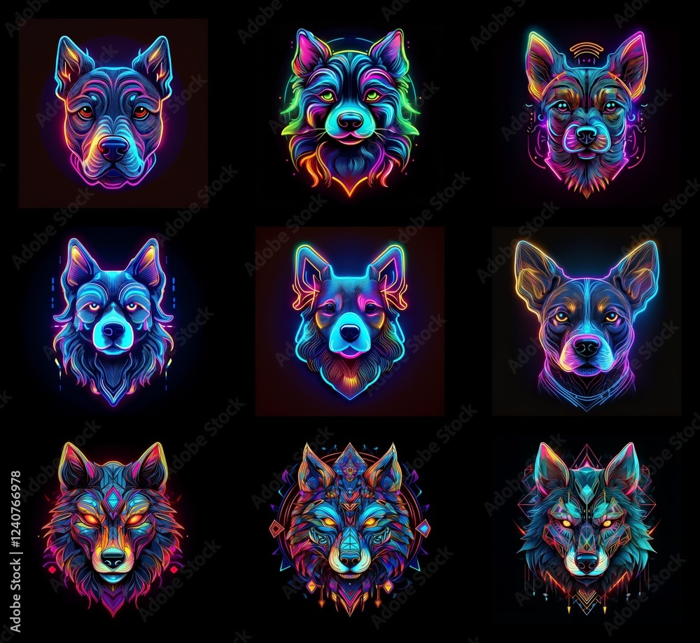 Poster nine vibrant, neon-colored dog and wolf head illustrations. each design features bold lines and a ps