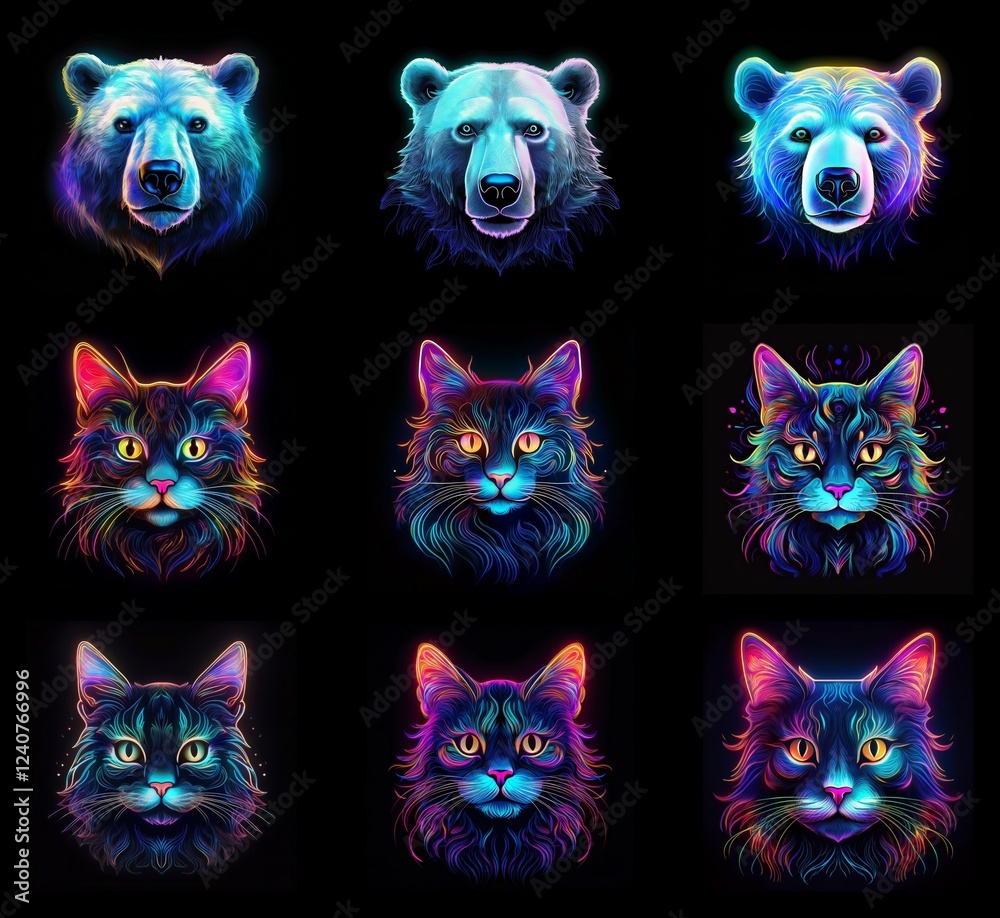 Poster nine vibrant portraits of bears and cats, glowing with neon colors against a black background. each 