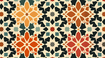 Fototapeta premium Intricate geometric pattern featuring vibrant floral designs on a cream background, suitable for textiles