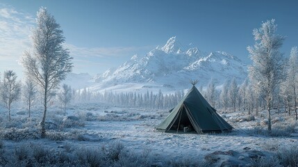 Snowy winter campsite, tent, mountains, frost