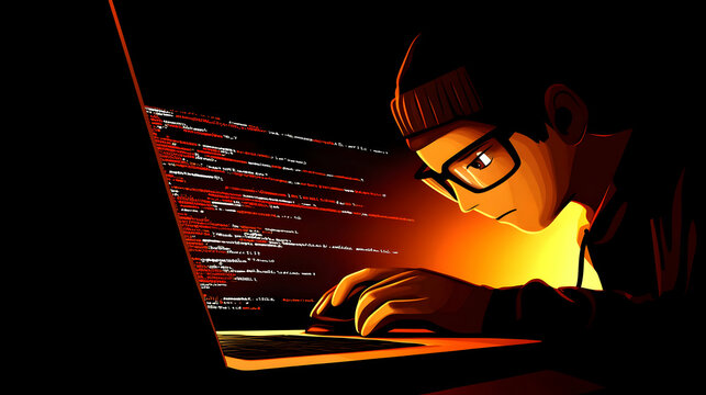 Intense Coder Works Late, Debugging Code,  Nightly Tasks, Focused, Efficiently