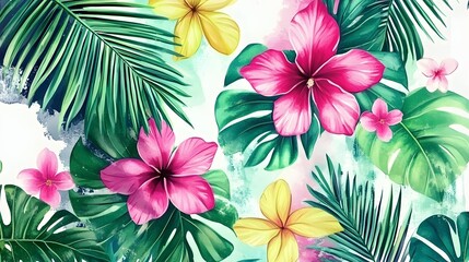 Vibrant Tropical Flowers and Lush Green Leaves Pattern