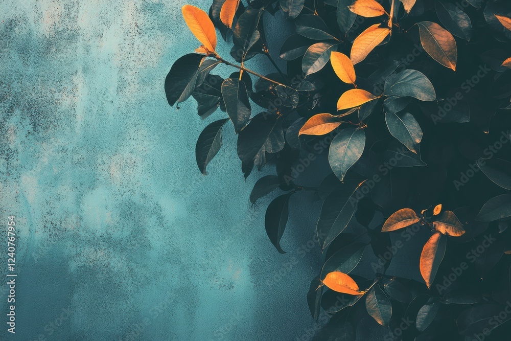 Poster Empty space for text insertion featuring green and orange leaves against a textured blue background. Generative AI